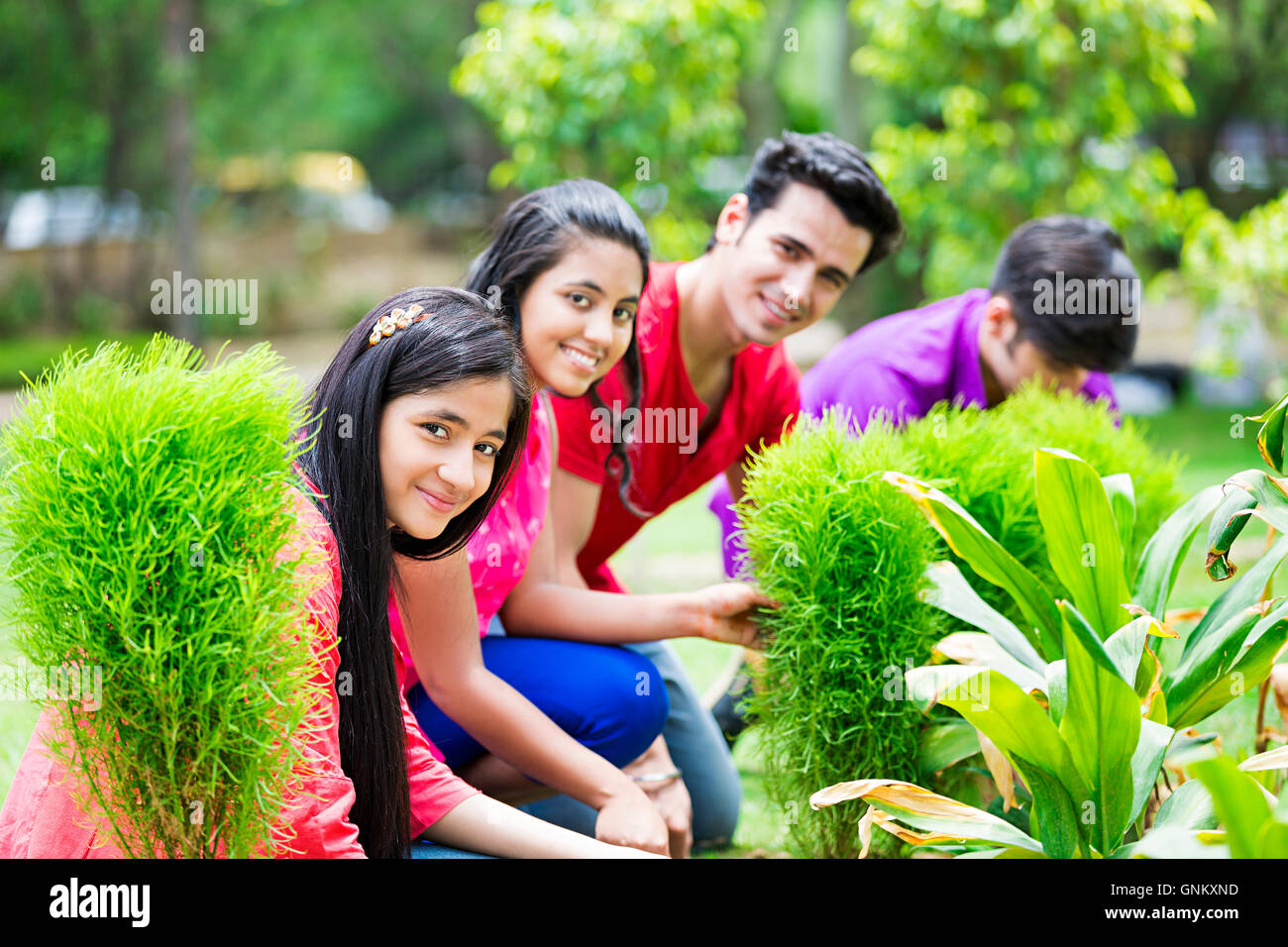 4 ragazzi e ragazze amici park la vita vegetale la piantagione di piante Foto Stock