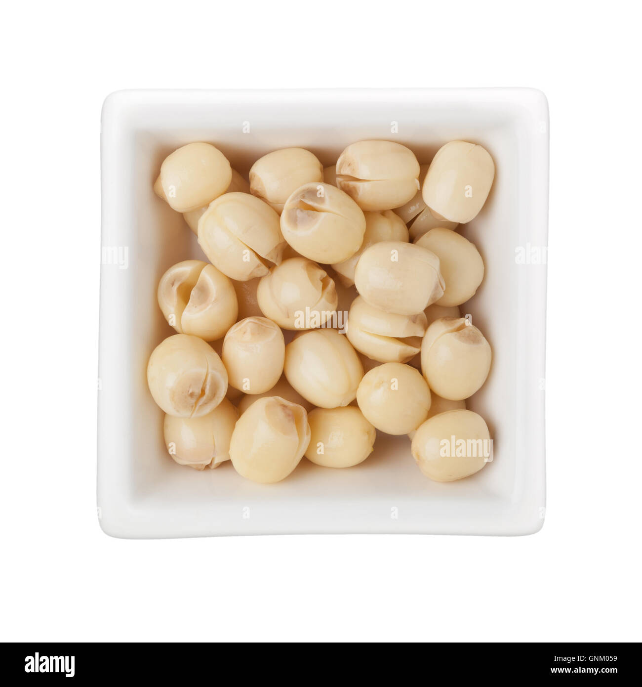 Asciugato i semi di loto in un recipiente quadrato isolato su sfondo bianco Foto Stock