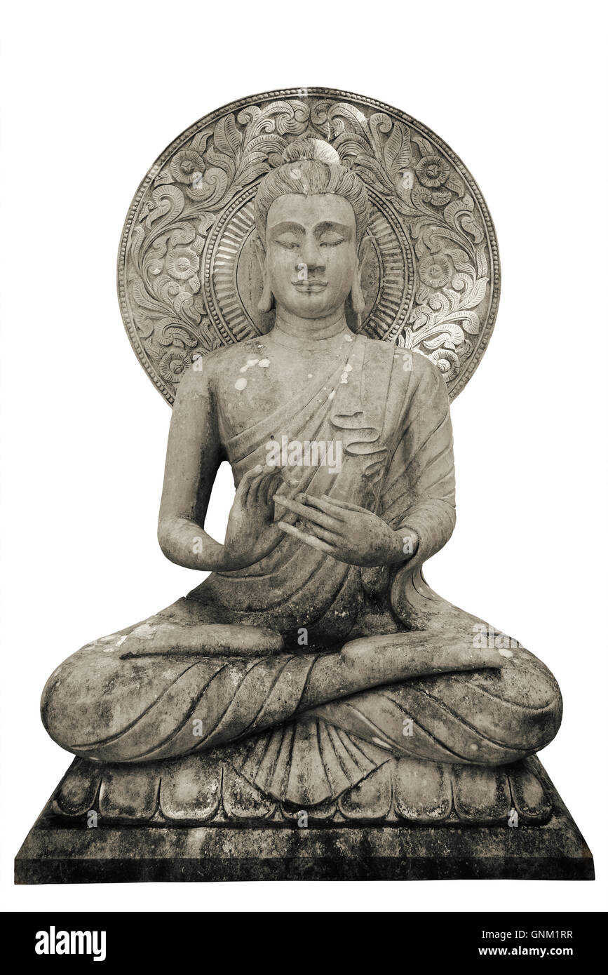 Statua di Buddha su sfondo bianco, isolata. Foto Stock