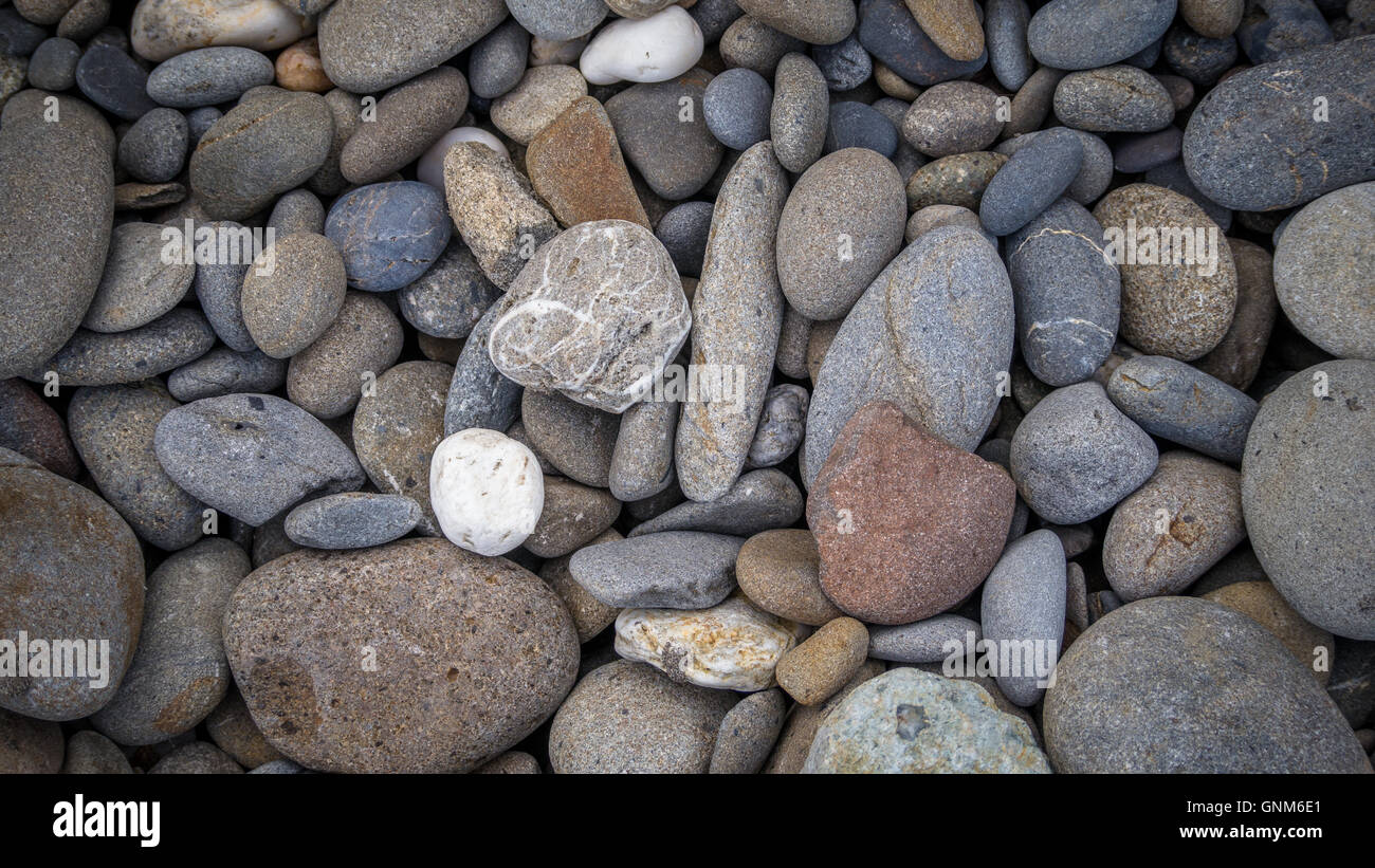 Ciottoli multicolori giacciono su una spiaggia Foto Stock