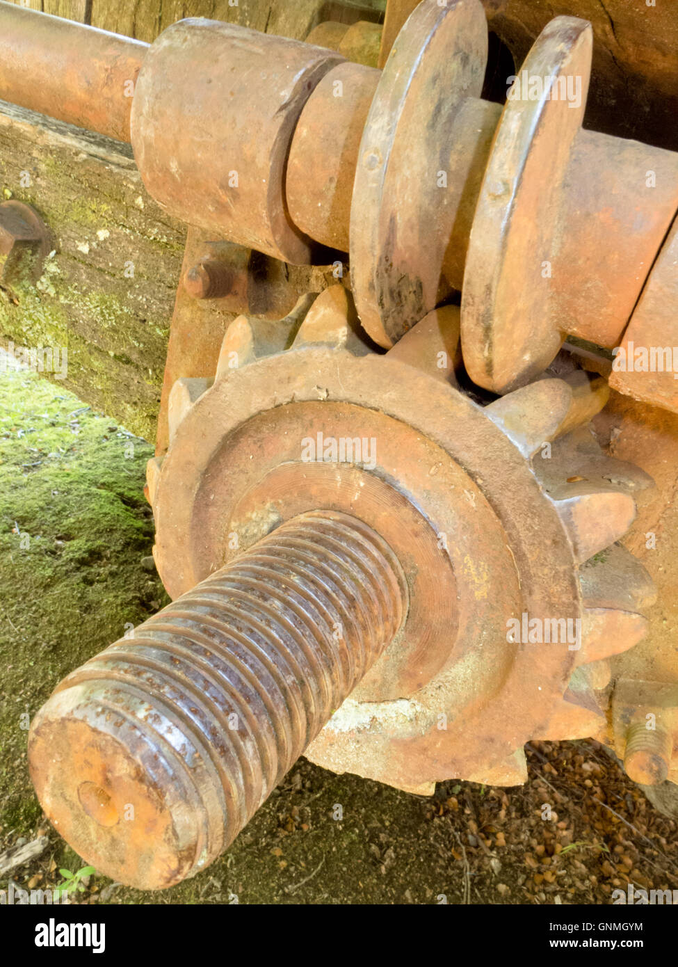 Close-up del vecchio e storico di ferro arrugginito ingranaggio a vite senza fine Foto Stock