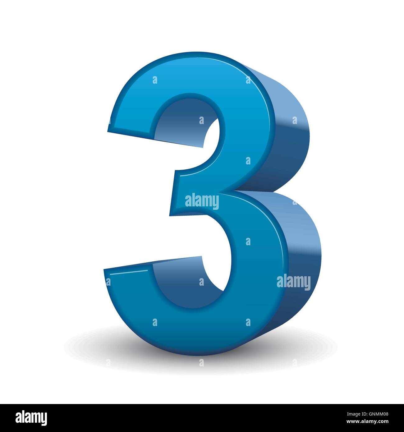 Immagine 3D blu lucido numero 3 isolati su sfondo bianco Illustrazione Vettoriale