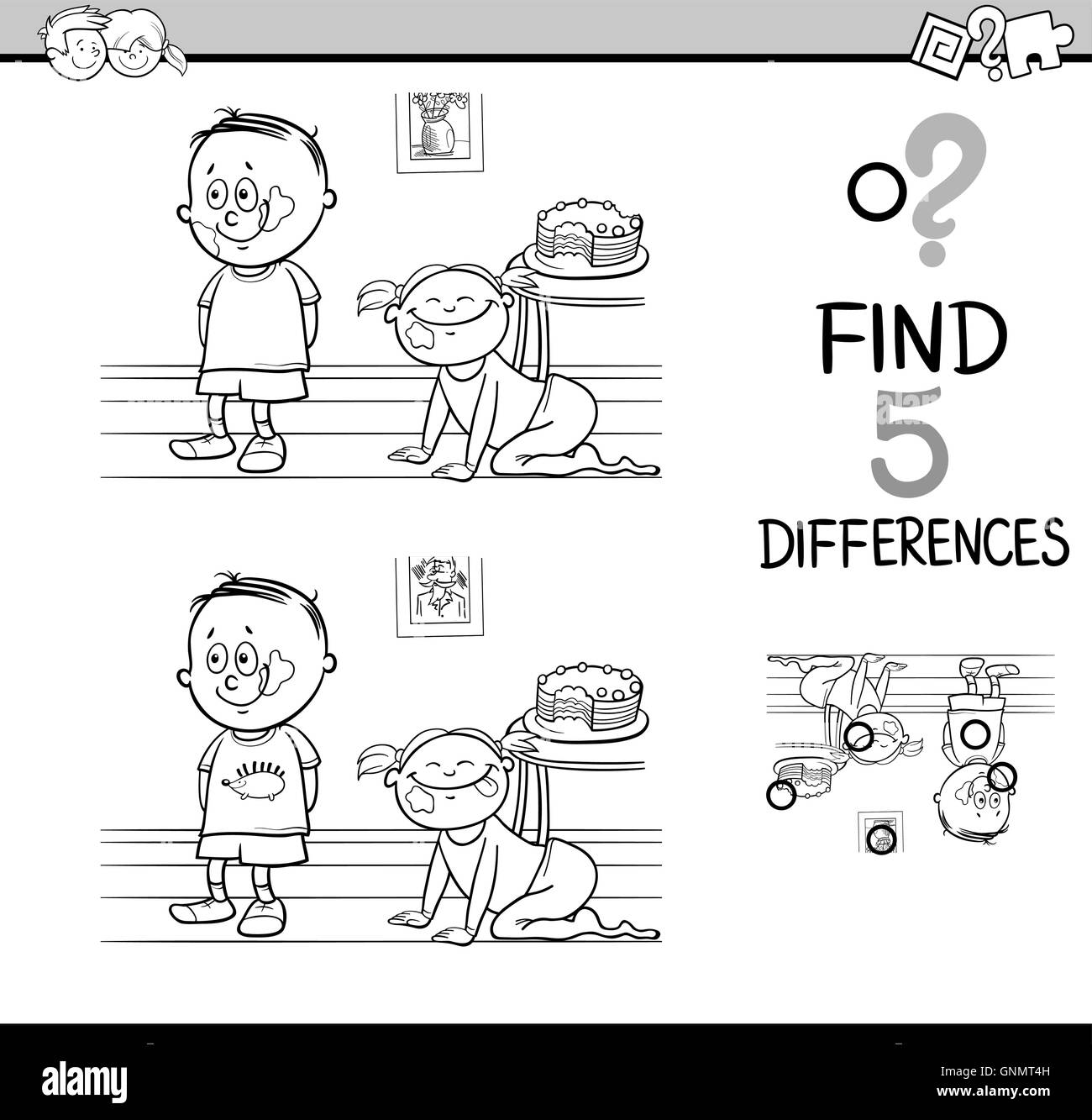 Bianco e Nero Cartoon illustrazione di trovare differenze di Attività Educative Attività per bambini con bambino caratteri per Colorin Illustrazione Vettoriale