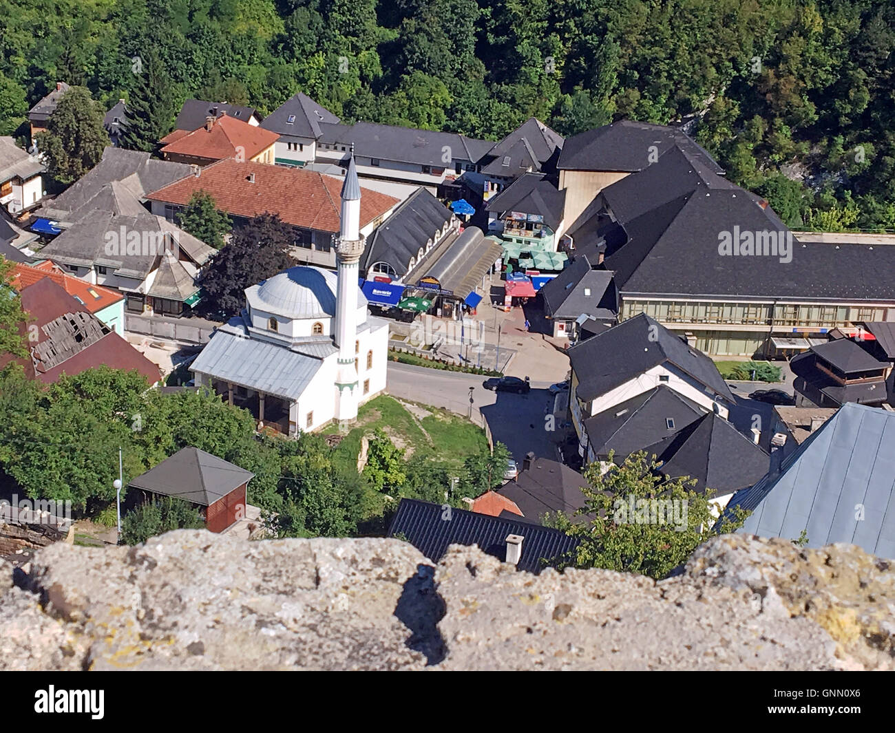 Vista panoramica dal vecchio castello di Jajce,Bosnia e Erzegovina Foto Stock