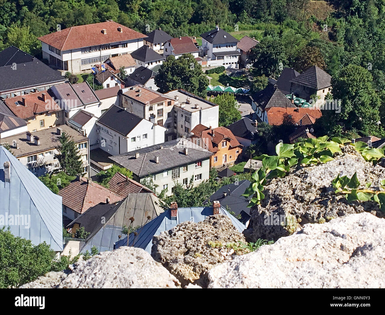 Vista panoramica dal vecchio castello di Jajce,Bosnia e Erzegovina Foto Stock