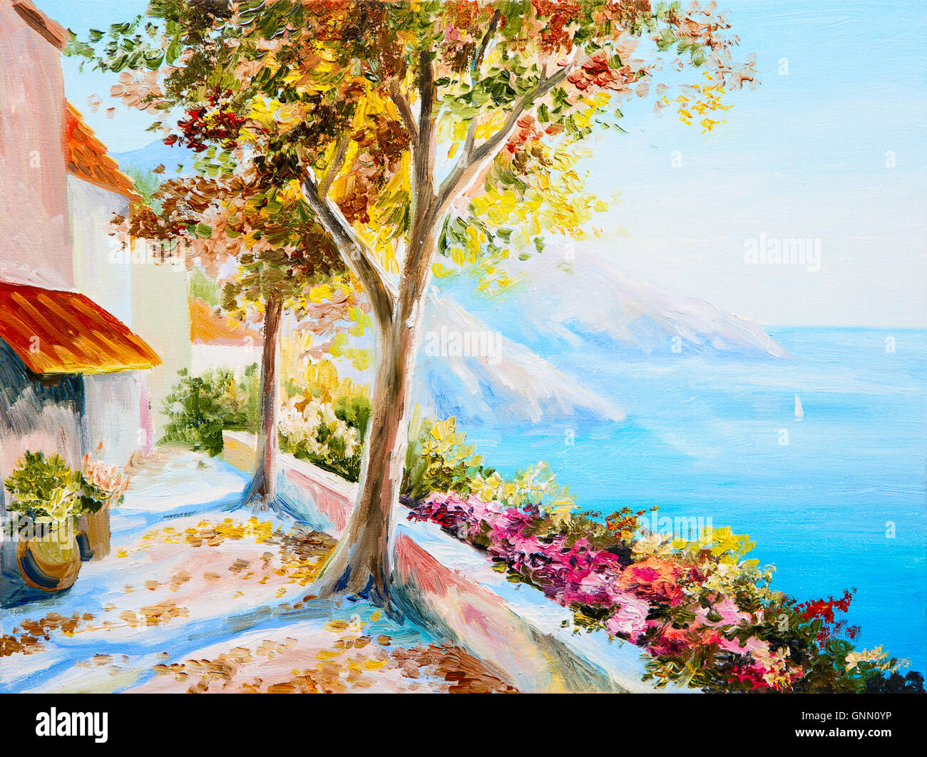 Pittura - casa vicino al mare, seascap, colorato impressionismo Foto Stock