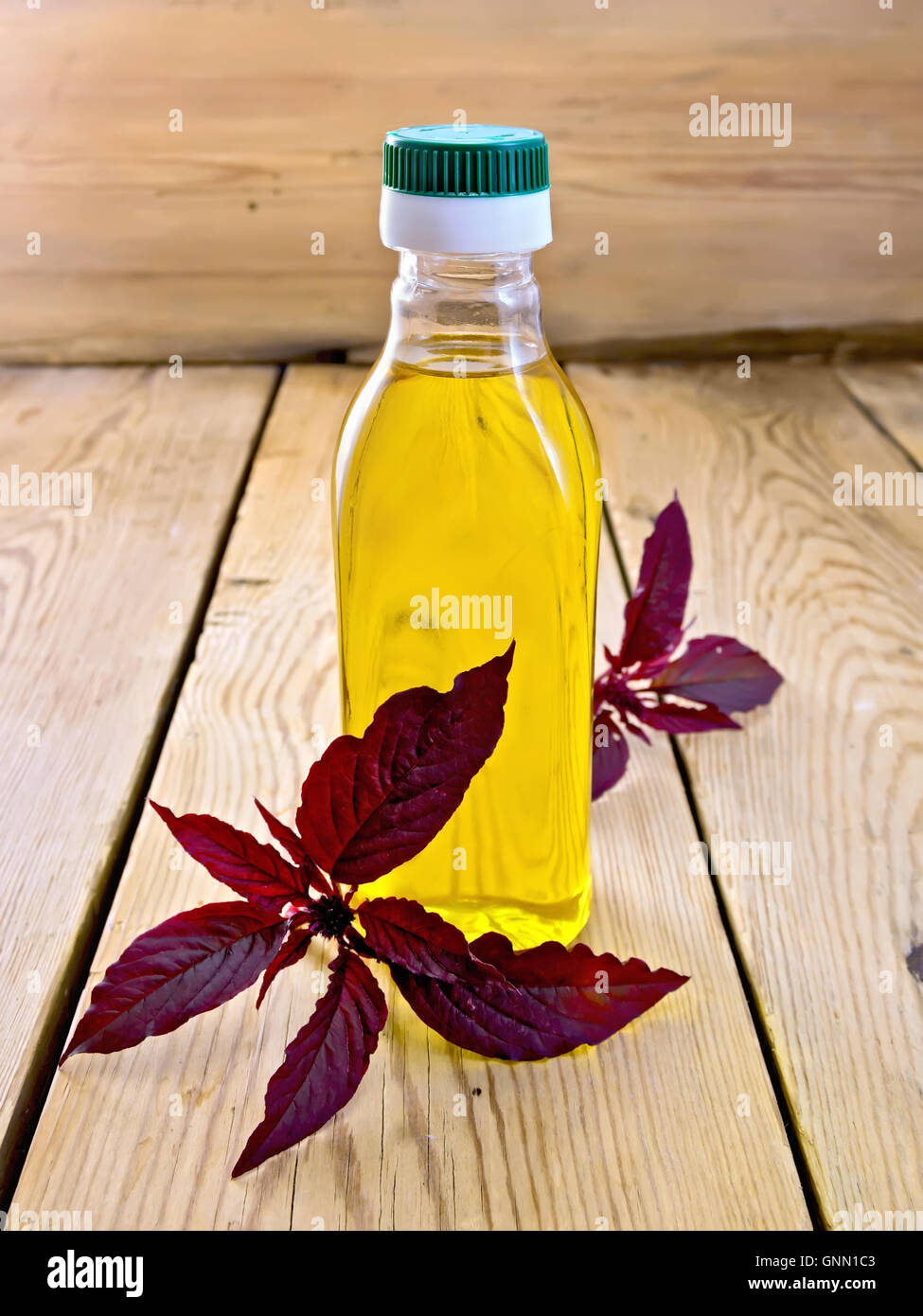 Una bottiglia di plastica di olio con un ramo di amaranto borgogna su sfondo chiaro di tavole di legno Foto Stock