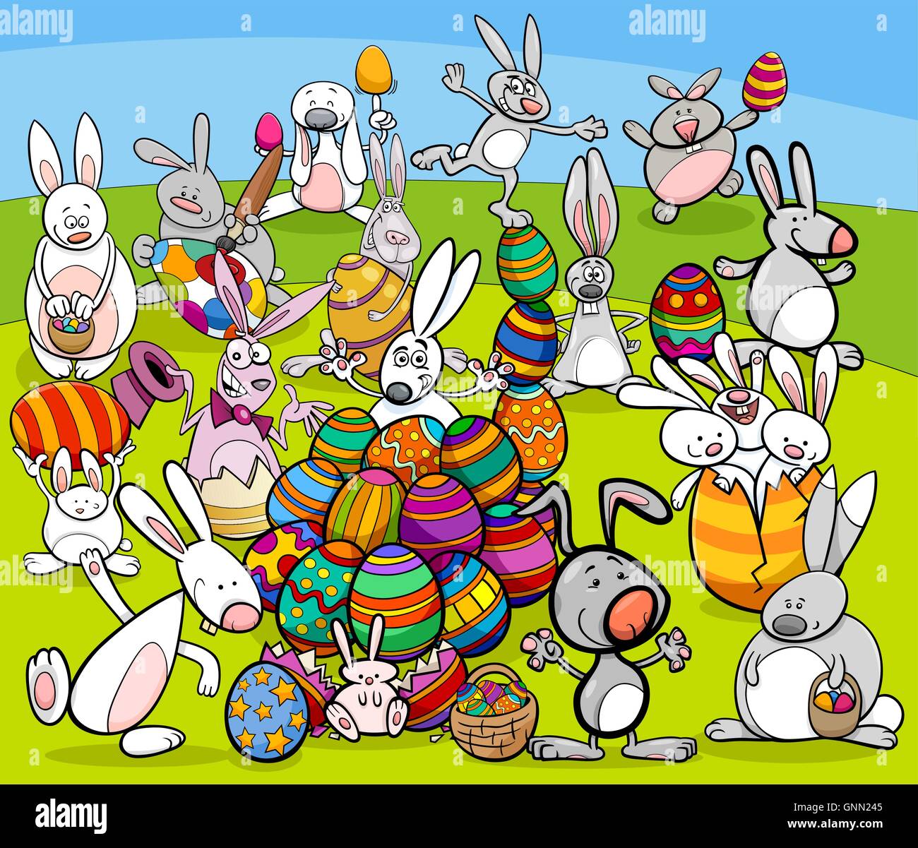Illustrazione del fumetto di Felice coniglietto di Pasqua i caratteri con uova colorate Illustrazione Vettoriale