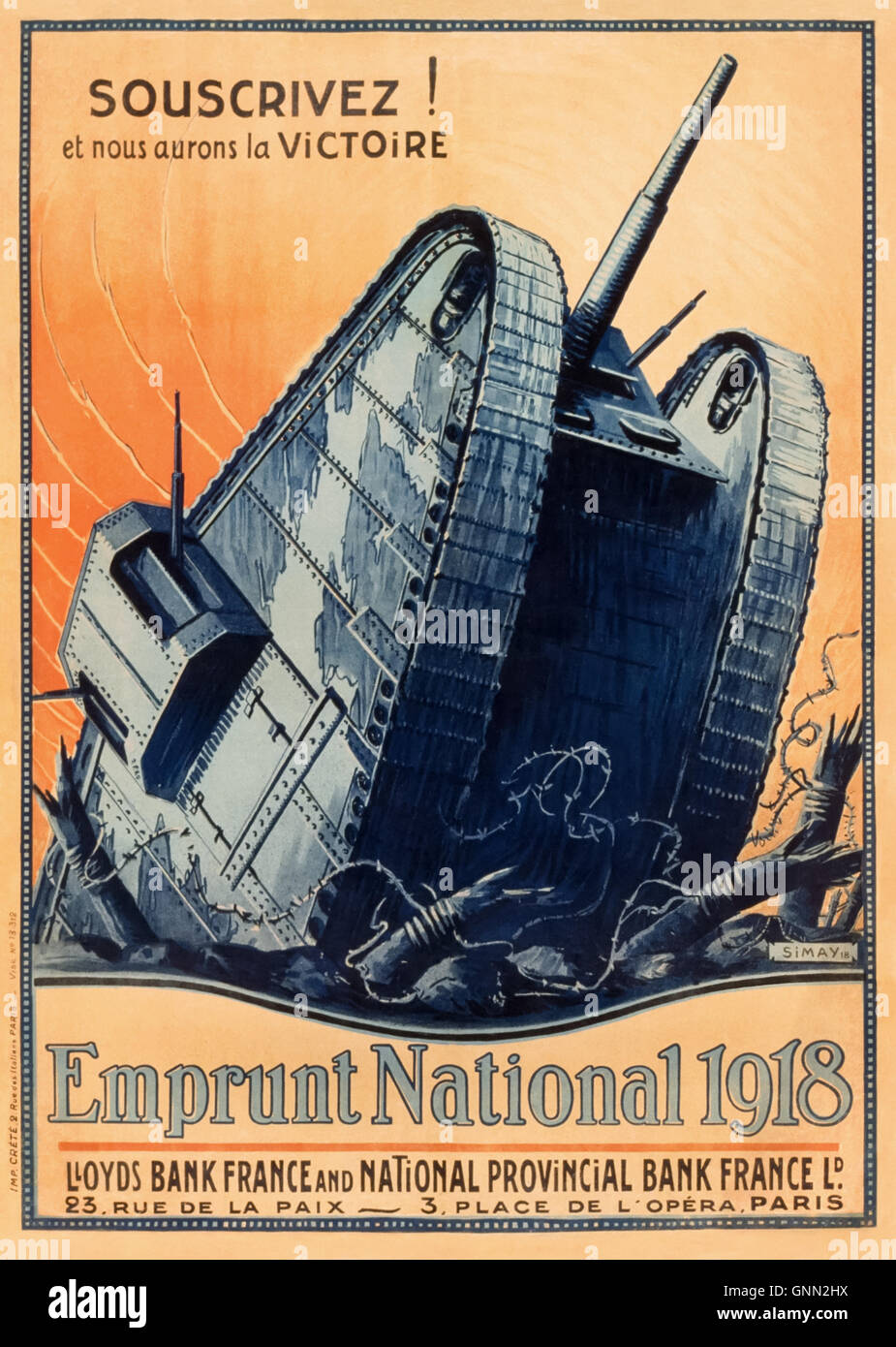 Souscrivez! Et nous aurons la Victoire. Emprunt National 1918 (Iscriviti! E ci sarà la vittoria. Prestito nazionale 1918). WW1 poster pubblicitari per il francese interno di prestiti per incrementare le finanze pubbliche per la lotta di Guerra Mondiale 1. Illustrazione da Imre Simay (1874-1955) raffigurante un serbatoio alleato emergente da una trincea. Vedere la descrizione per maggiori informazioni. Foto Stock
