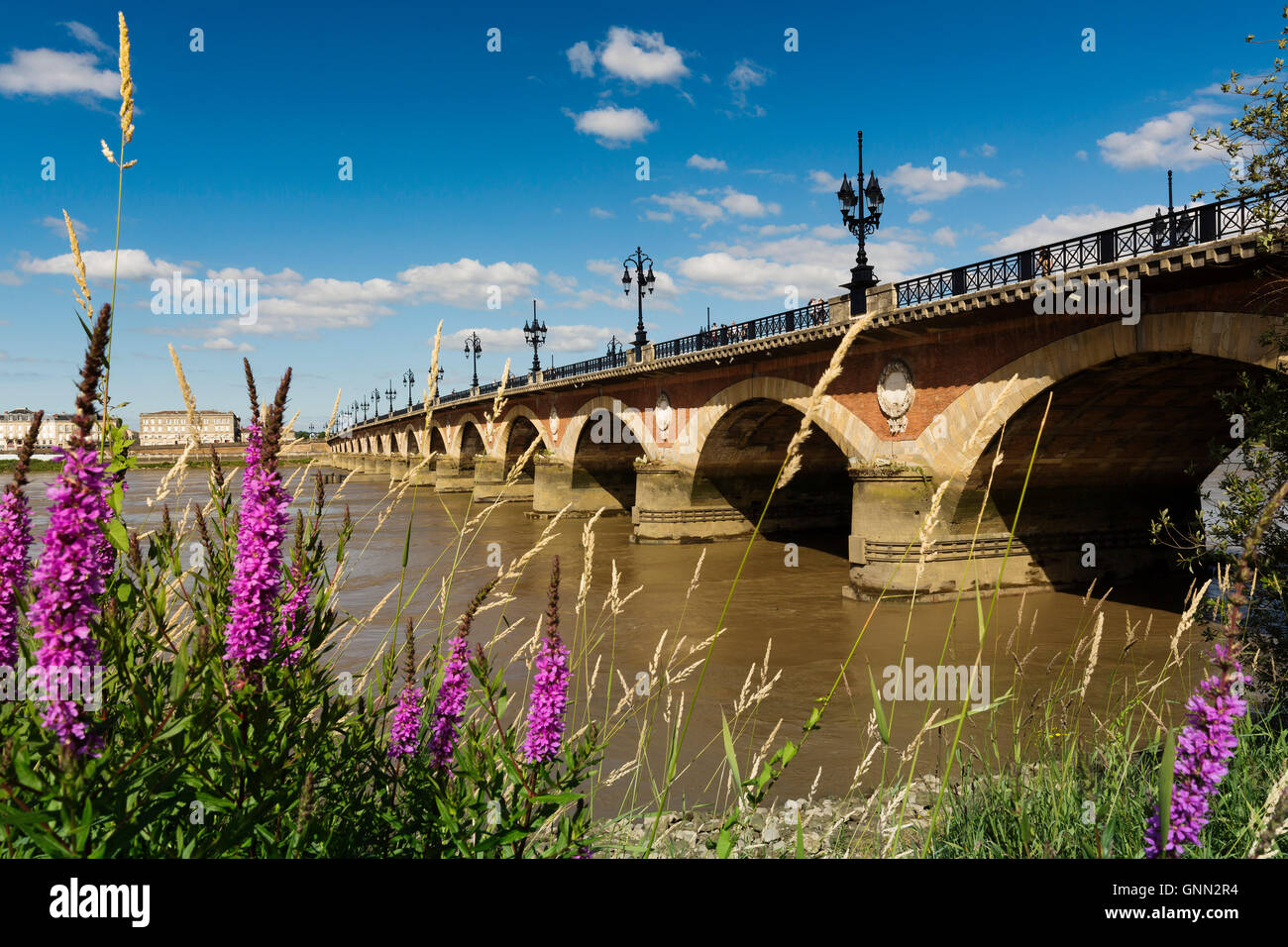 Pont de Pierre. Il ponte di pietra e fiume Garonne. Bordeaux, Gironde. Aquitaine Francia Europa Foto Stock