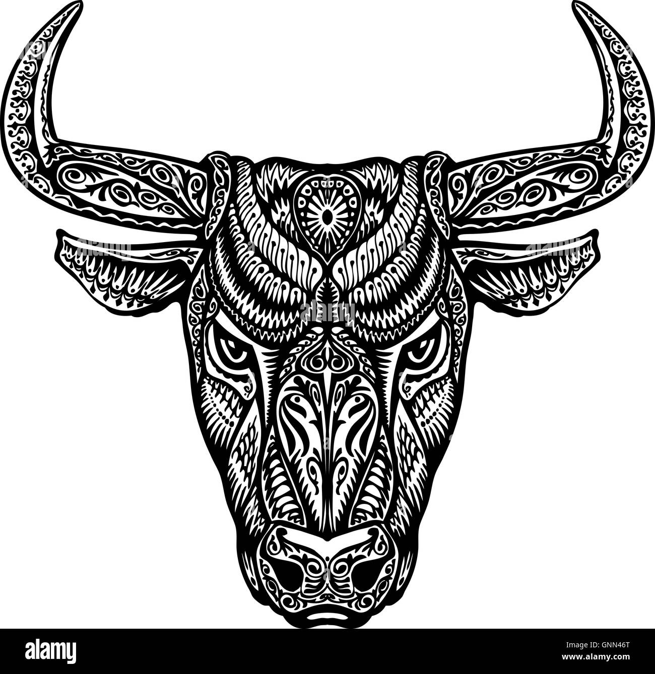 Bull, Toro, buffalo dipinti etnici tribali ornamento. Illustrazione Vettoriale Illustrazione Vettoriale