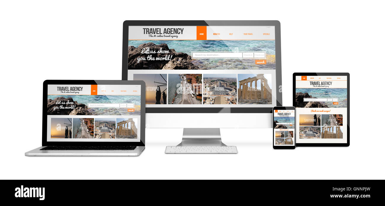 3D rendering dei dispositivi isolati con agenzia di viaggi risponde sito web design. Tutti i grafici dello schermo sono costituiti. Foto Stock