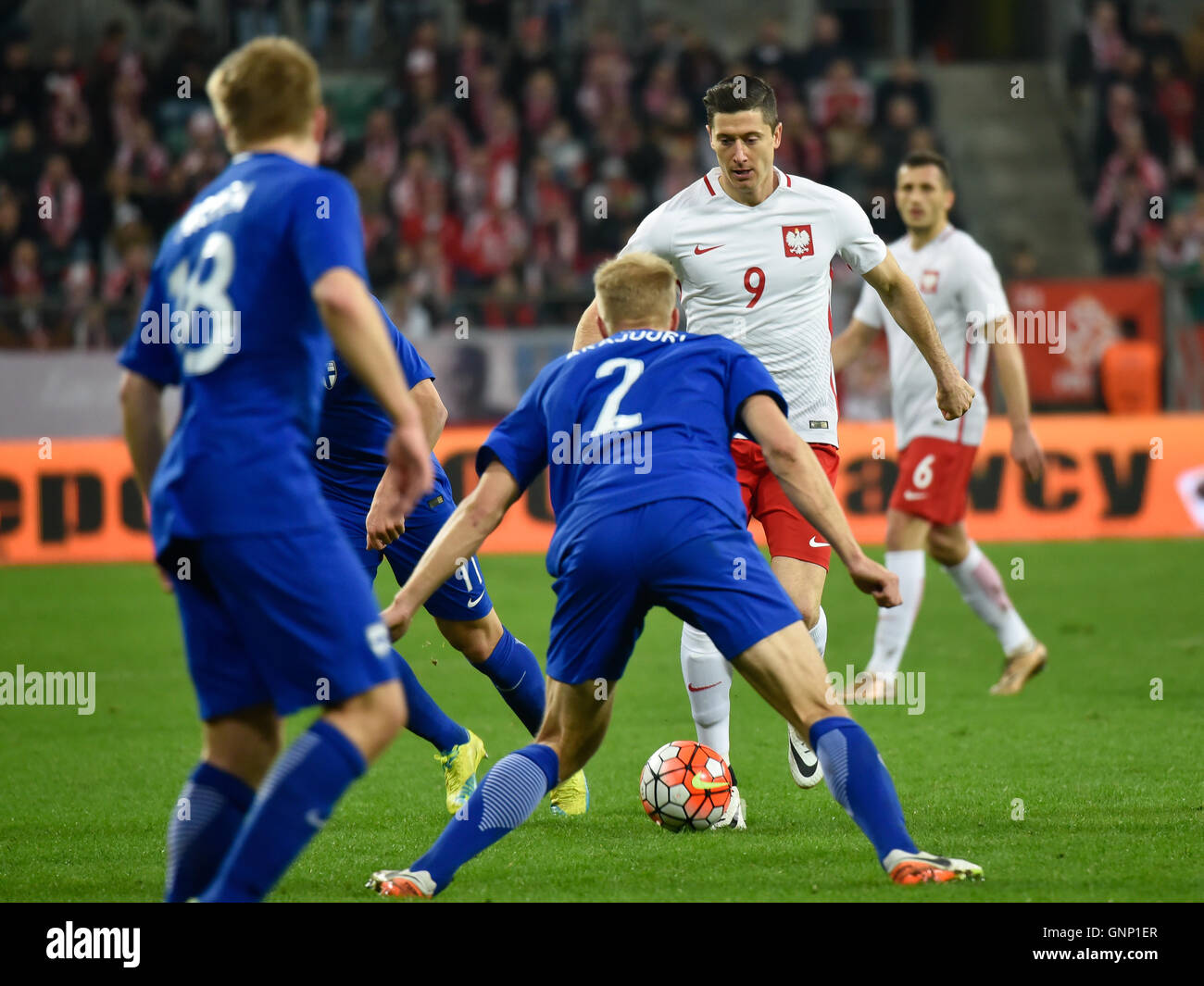 WROCLAW, Polonia - 26 Marzo 2016: Robert Lewandowski in azione durante il calcio internazionale amichevole Polonia vs Finlandia Foto Stock