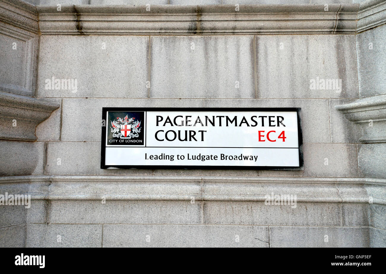 Londra, Inghilterra, Regno Unito. Corte Pageantmaster strada segno nella City di Londra, CE4 Foto Stock