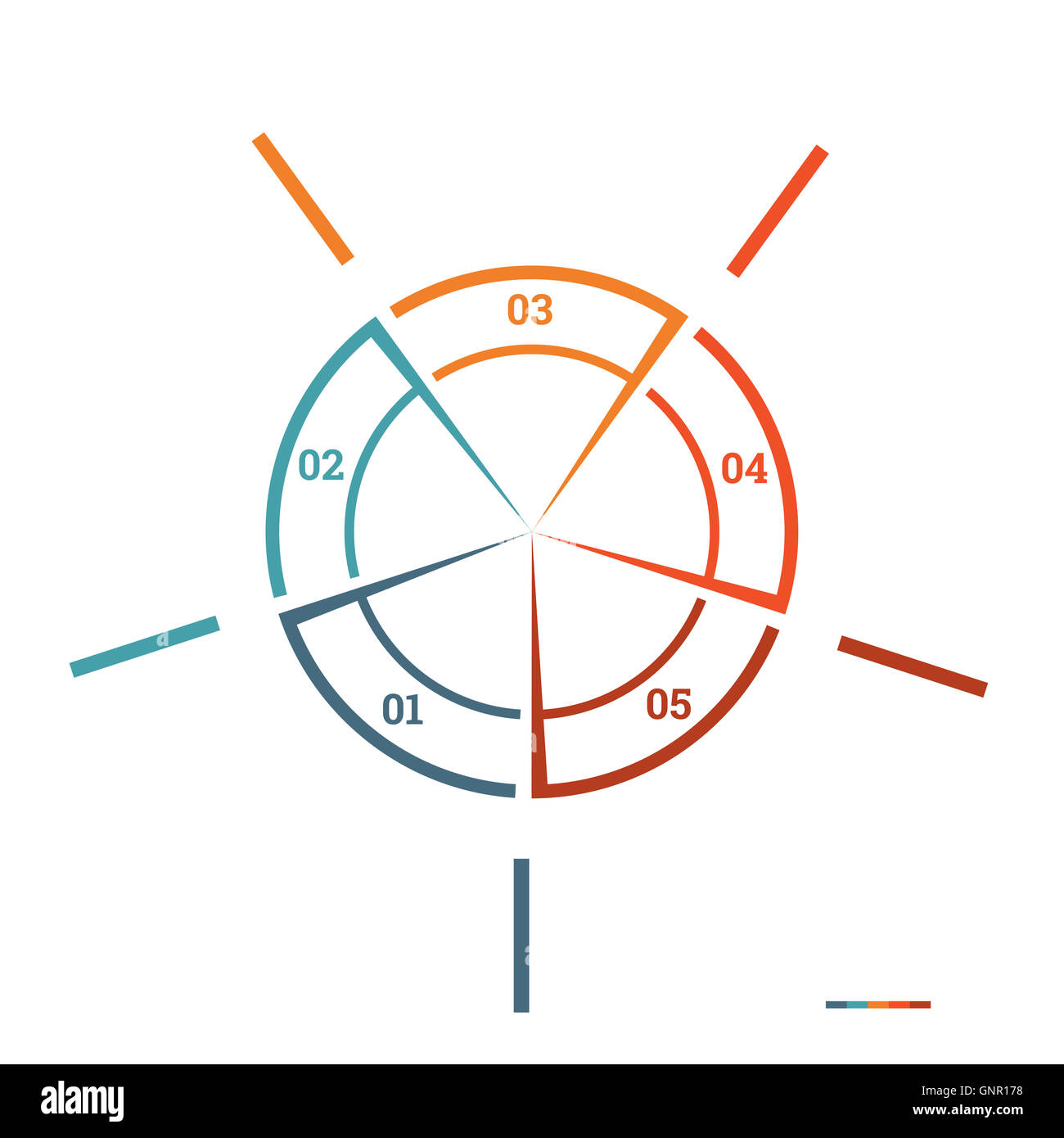 Infografico grafico a torta modello di cerchio colorato da linee con aree di testo su 5 posizioni per il flusso di lavoro, banner, diagramma Foto Stock