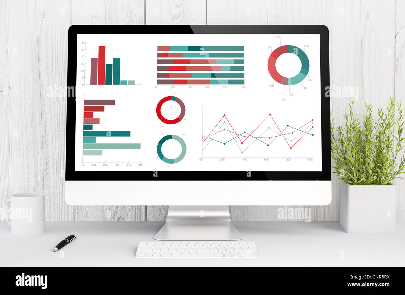 3D rendering web grafica finanziario sul computer. Tutti i grafici dello schermo sono costituiti. Foto Stock