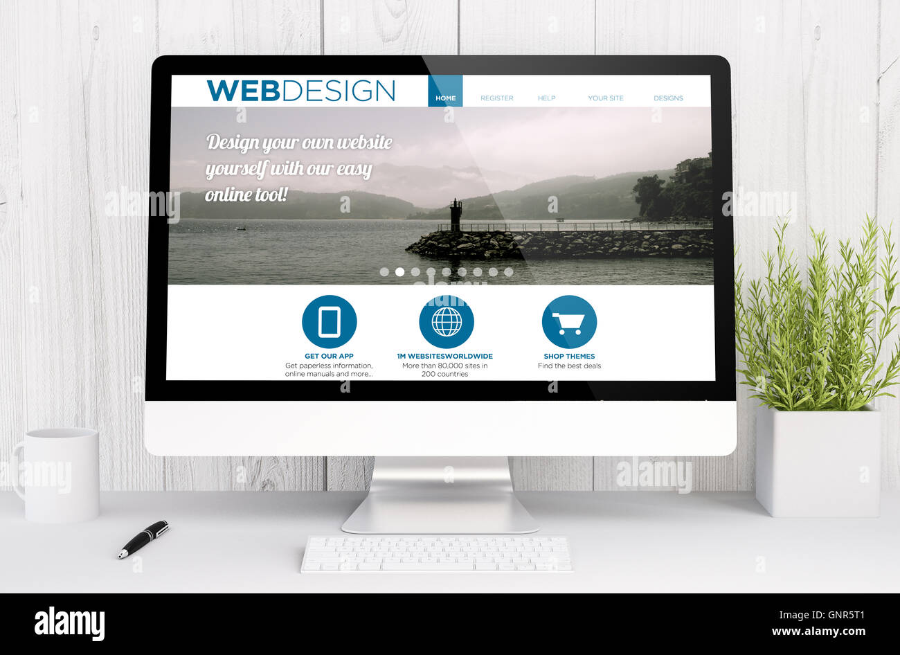 3D rendering web design modello sul computer. Tutti i grafici dello schermo sono costituiti. Foto Stock