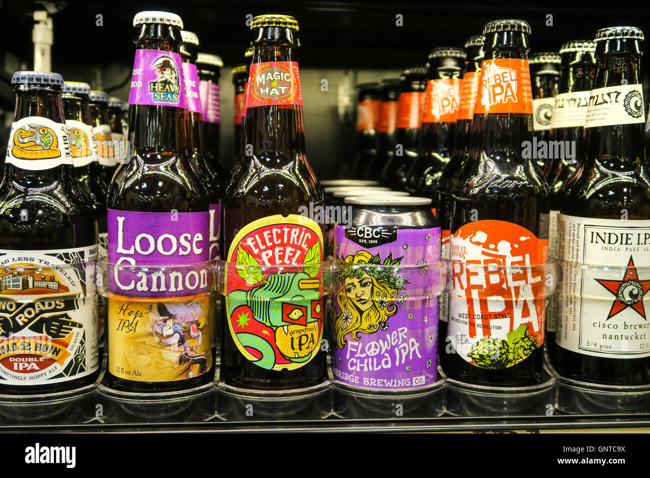 La birra artigianale la sezione a Wegmans Fruttivendolo, Westwood, Massachusetts, STATI UNITI D'AMERICA Foto Stock