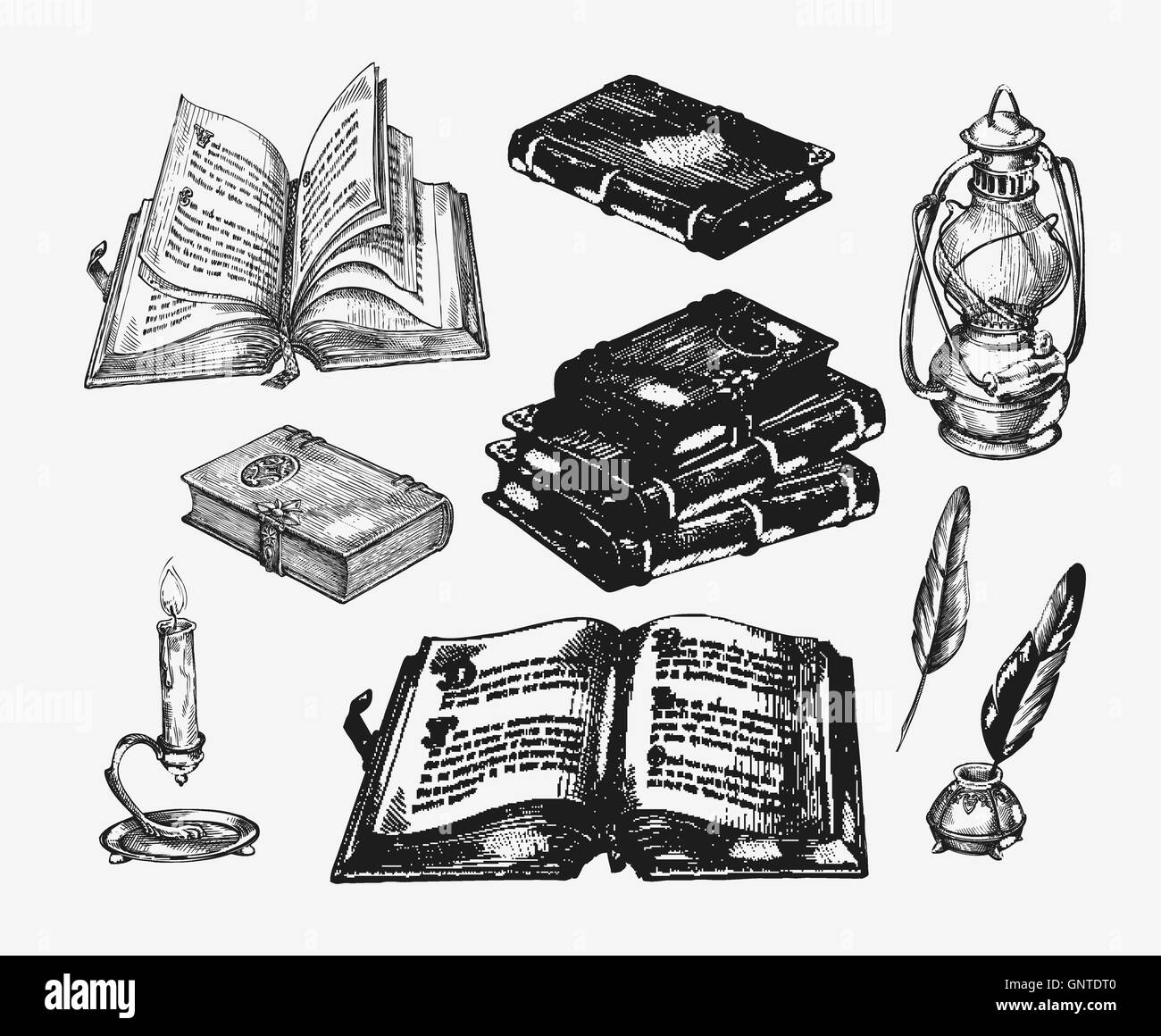 Disegnate a mano libri vintage. Schizzo della vecchia scuola di letteratura. Illustrazione Vettoriale Illustrazione Vettoriale