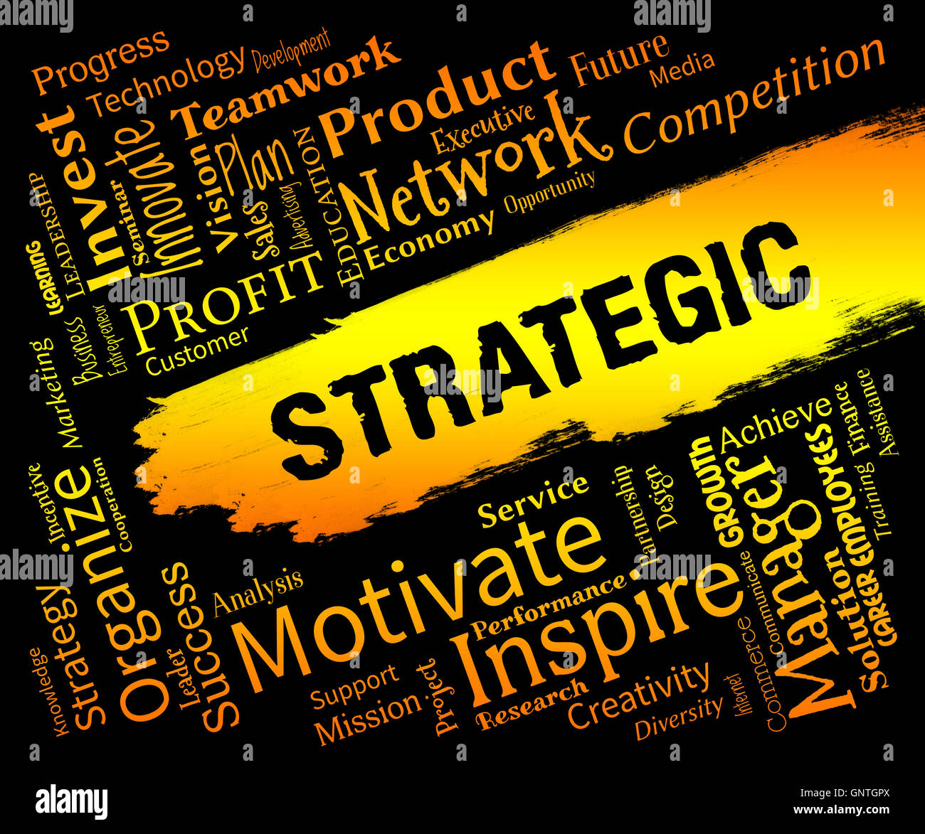 Strategico di parole che indicano la strategia aziendale e piani Foto Stock