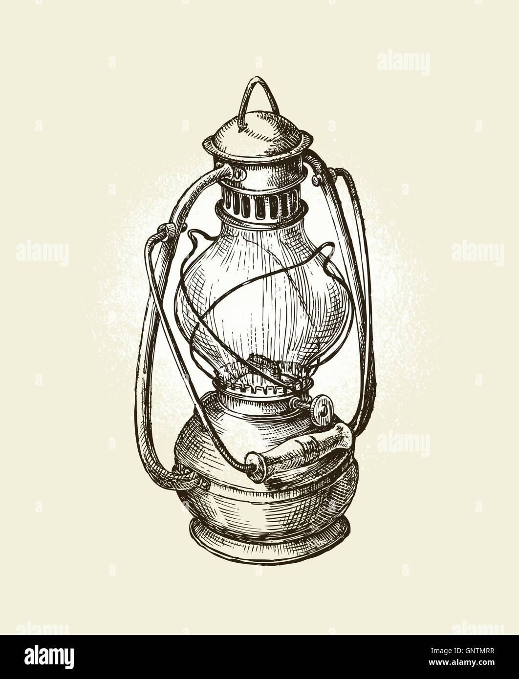 Disegnate a mano vintage lampada di kerosene. Schizzo olio . Illustrazione Vettoriale Illustrazione Vettoriale