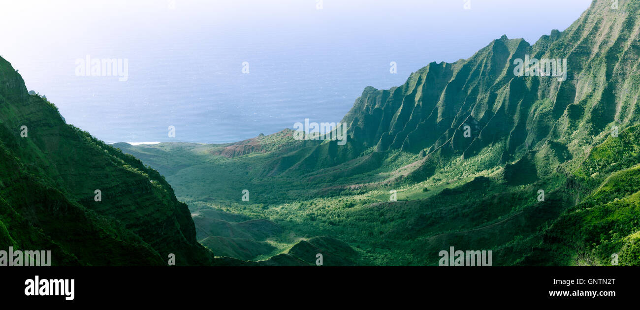 Panorama delle scogliere frastagliate in Valle Kalalau sulla costa di Na Pali, Kauai, Hawaii Foto Stock