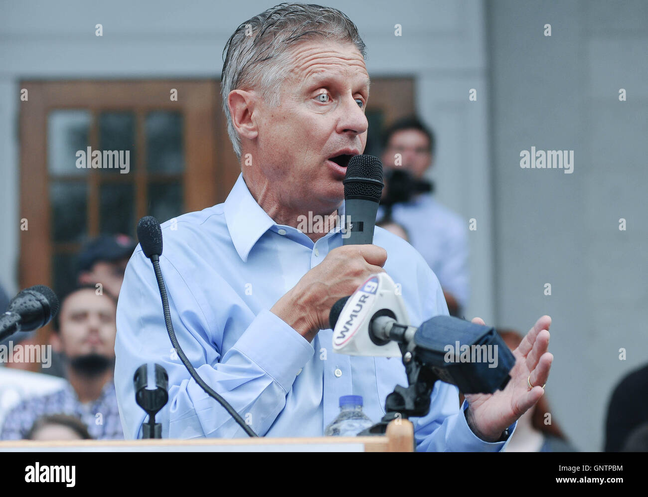 U.S. libertaria candidato presidenziale Gary Johnson parla in un rally in concordia, New Hampshire, Stati Uniti d'America, il 25 agosto, 2016. Foto Stock