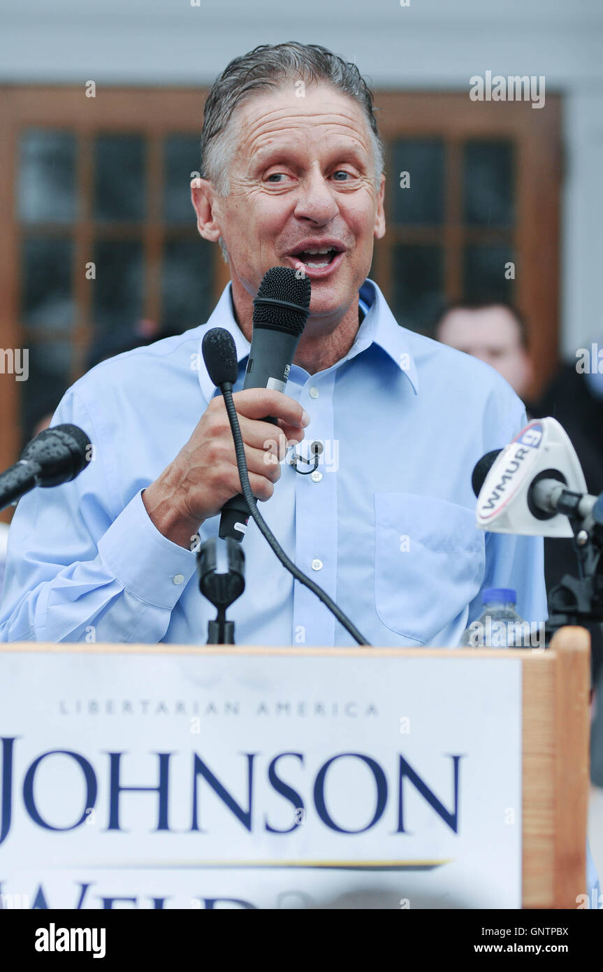 U.S. libertaria candidato presidenziale Gary Johnson parla in un rally in concordia, New Hampshire, Stati Uniti d'America, il 25 agosto, 2016. Foto Stock