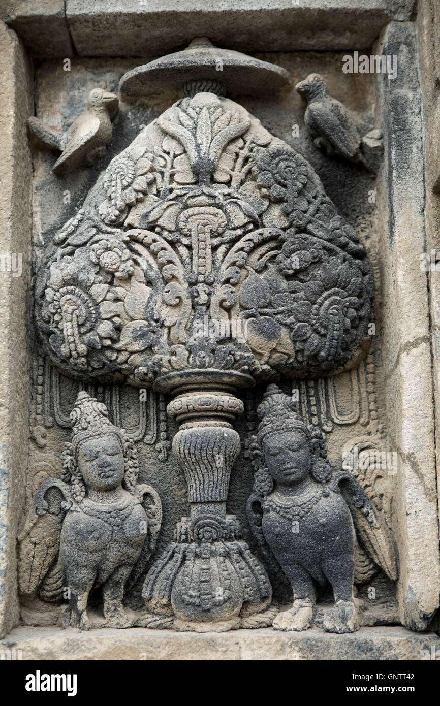 Tempio indù intagli a Prambanan Unesco World Heritage Site in Java Foto Stock