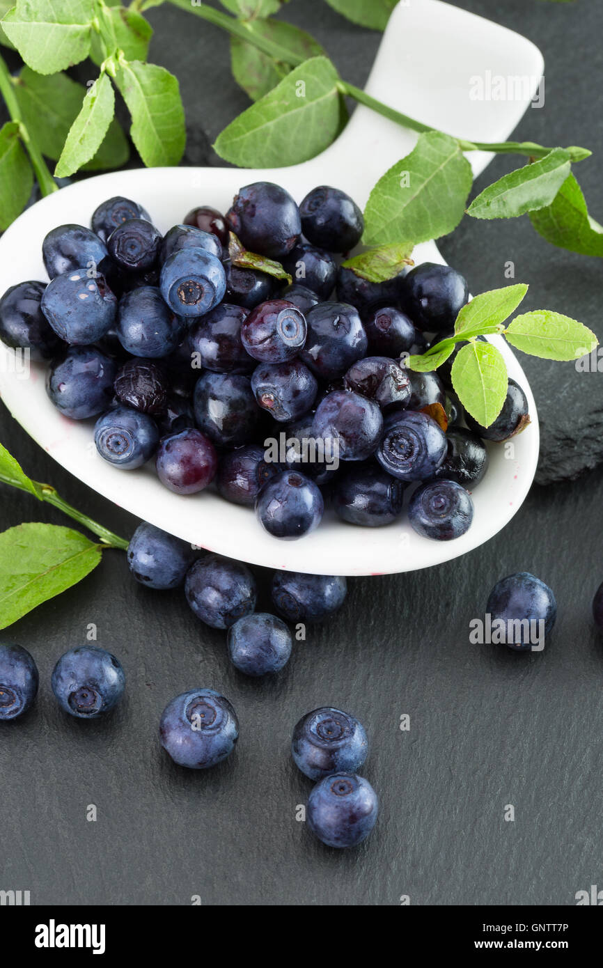 I mirtilli su una tavola di ardesia. Foto Stock I mirtilli su una tavola di ardesia. Foto Stock