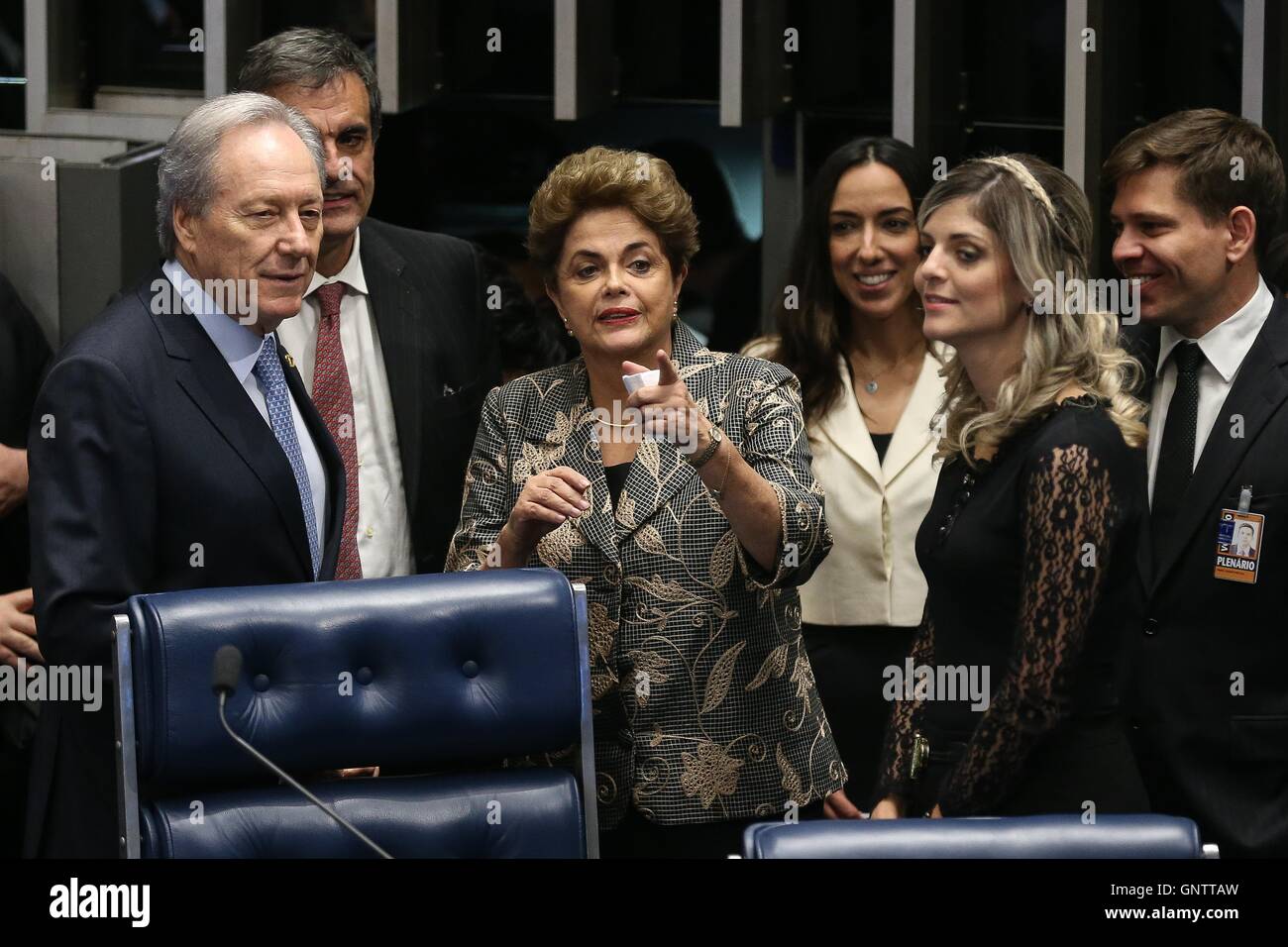 Il Presidente brasiliano Dilma Rousseff durante la prova di impeachment del Senato brasiliano Agosto 29, 2016 a Brasilia, Brasile. Foto Stock