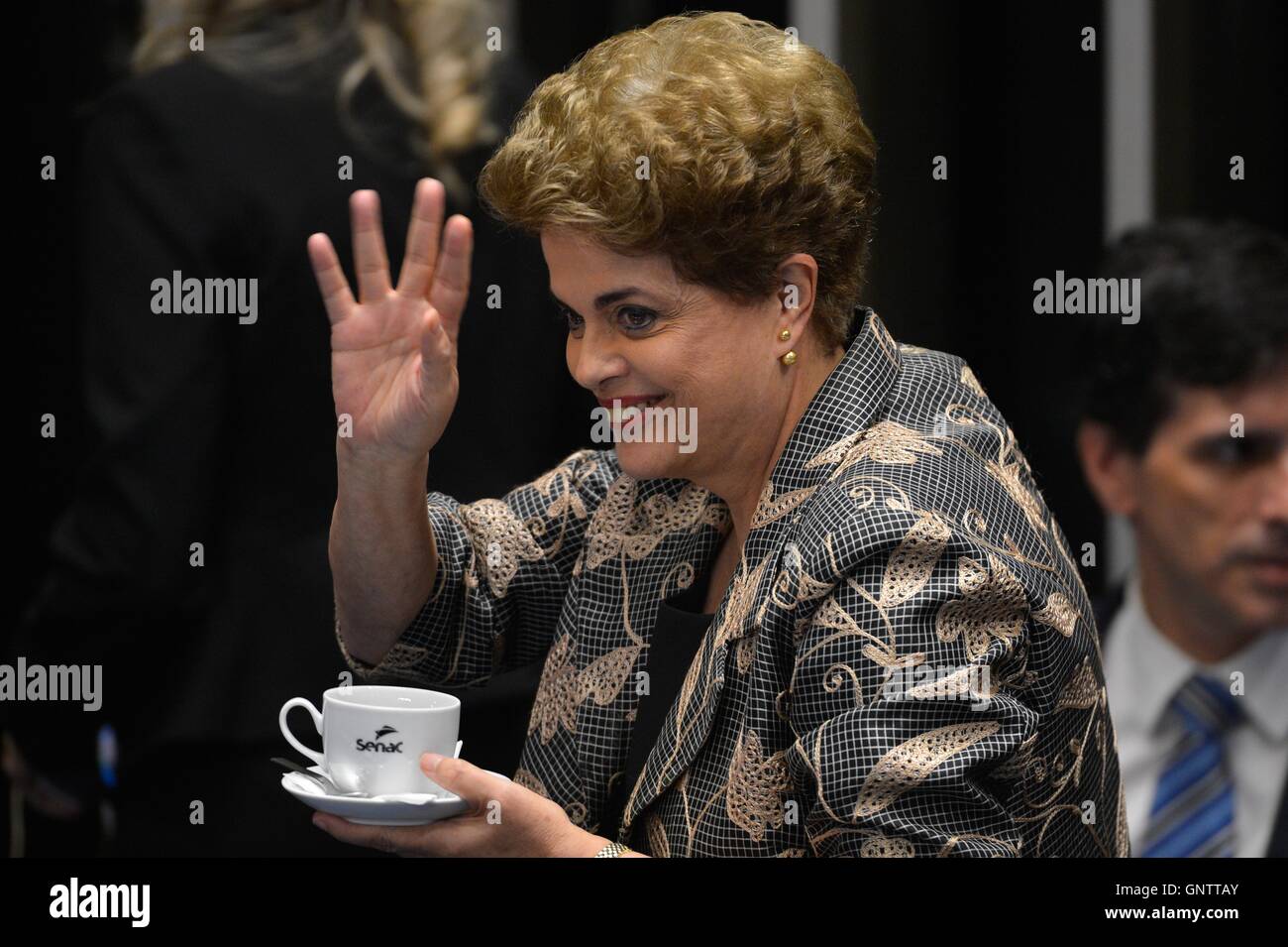Il Presidente brasiliano Dilma Rousseff durante la prova di impeachment del Senato brasiliano Agosto 29, 2016 a Brasilia, Brasile. Foto Stock