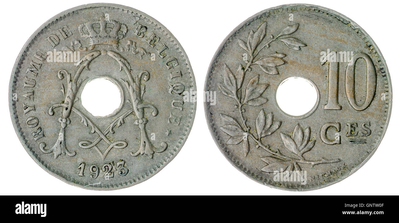 Nichel dieci centesimi 1923 coin isolati su sfondo bianco, Belgio Foto Stock