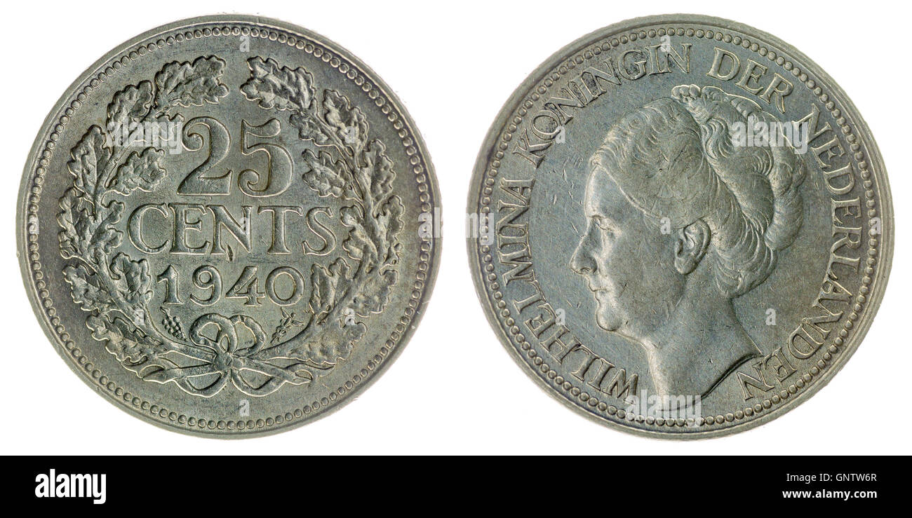 Argento 25 centesimi 1940 coin isolati su sfondo bianco, Paesi Bassi Foto Stock