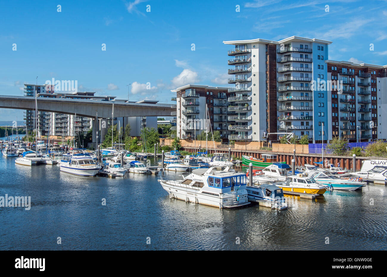 Cardiff Marina presso il fiume Ely, tra Cardiff e Penarth nel Galles del Sud, pieno di imbarcazioni da diporto Foto Stock