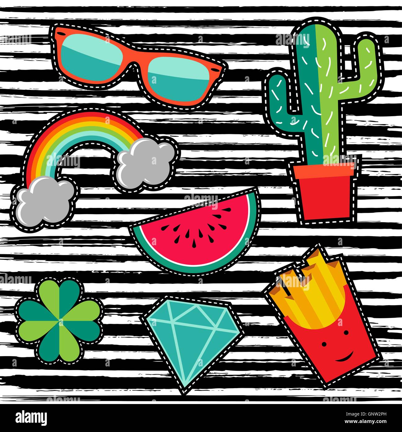 Set di Cartoon carino badge patch per ricamo o adesivi con happy design. EPS10 vettore. Illustrazione Vettoriale Set di Cartoon carino badge patch per ricamo o adesivi con happy design. EPS10 vettore. Illustrazione Vettoriale