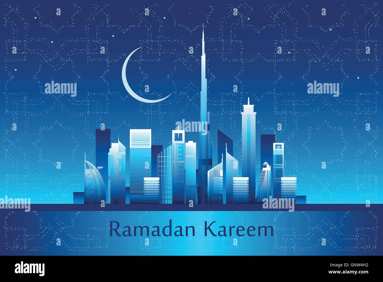 "Ramadan kareem', che significa 'Ramadan è generoso' messaggio sulla città di Dubai skyline di notte con la luna e le stelle formando arabesque p Illustrazione Vettoriale