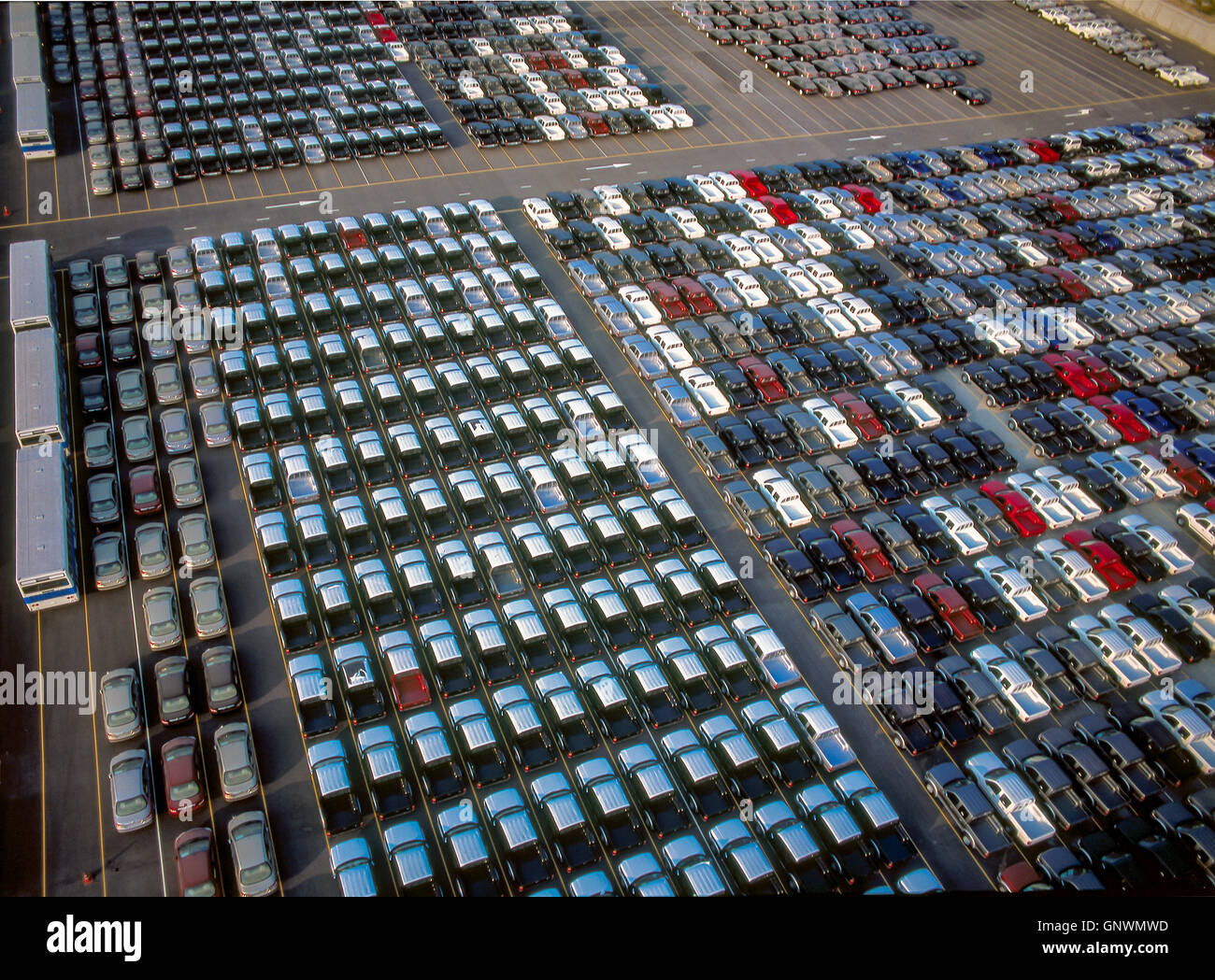 Automobili Autocarri e autobus in cantiere in attesa in porto per essere caricati in nave da carico Foto Stock