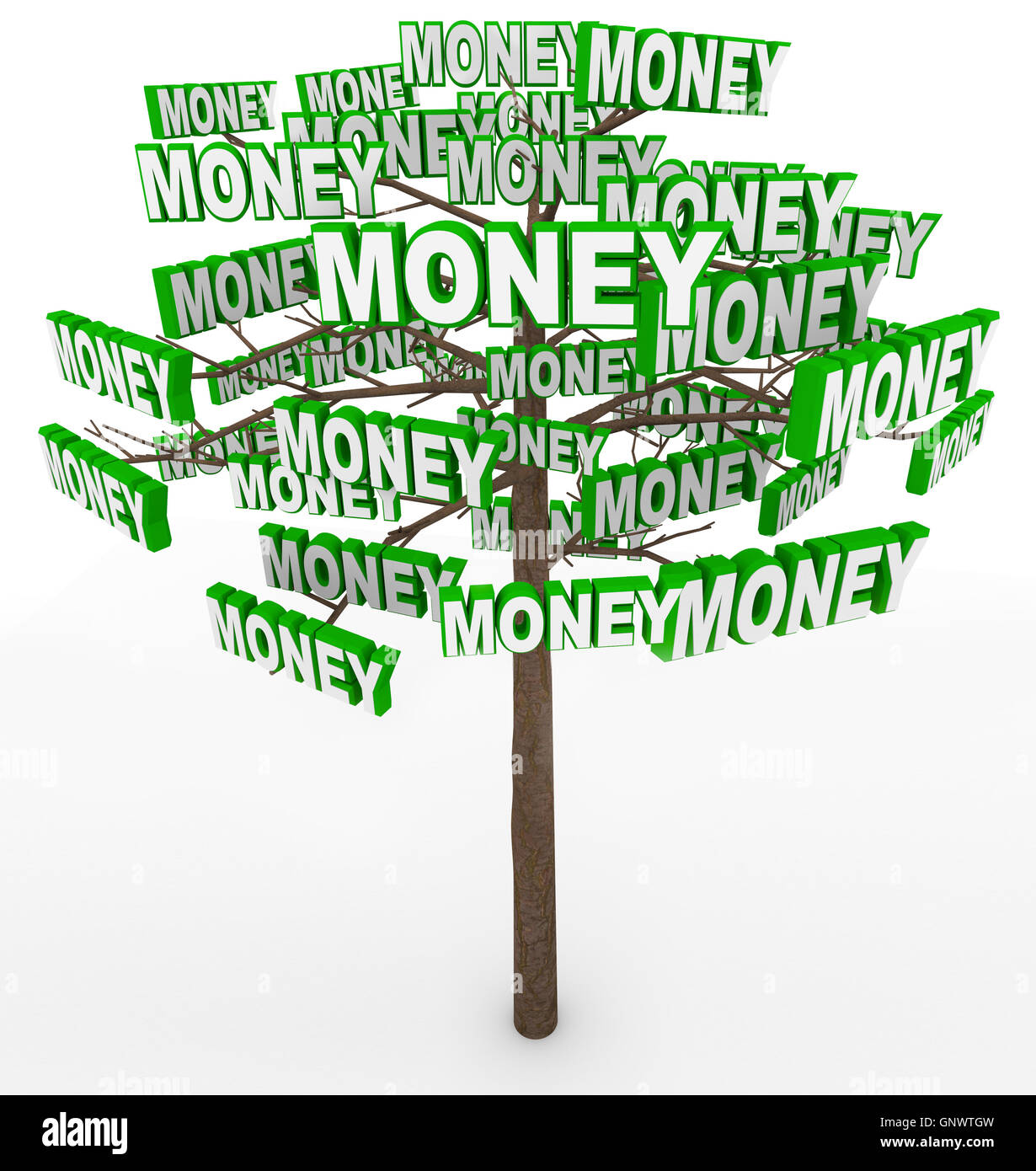 Il denaro cresce sugli alberi parola sui rami di alberi Foto Stock
