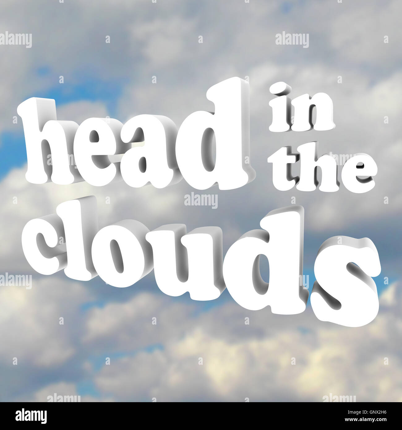 La testa tra le nuvole 3D di parole in cielo molto nuvoloso Foto Stock