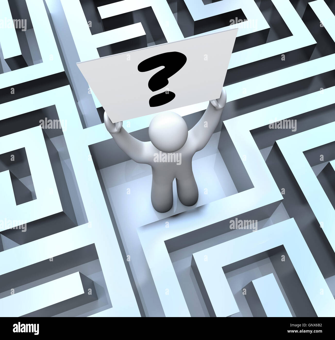 Persona che tiene il punto interrogativo segno perso nel labirinto labirinto Foto Stock