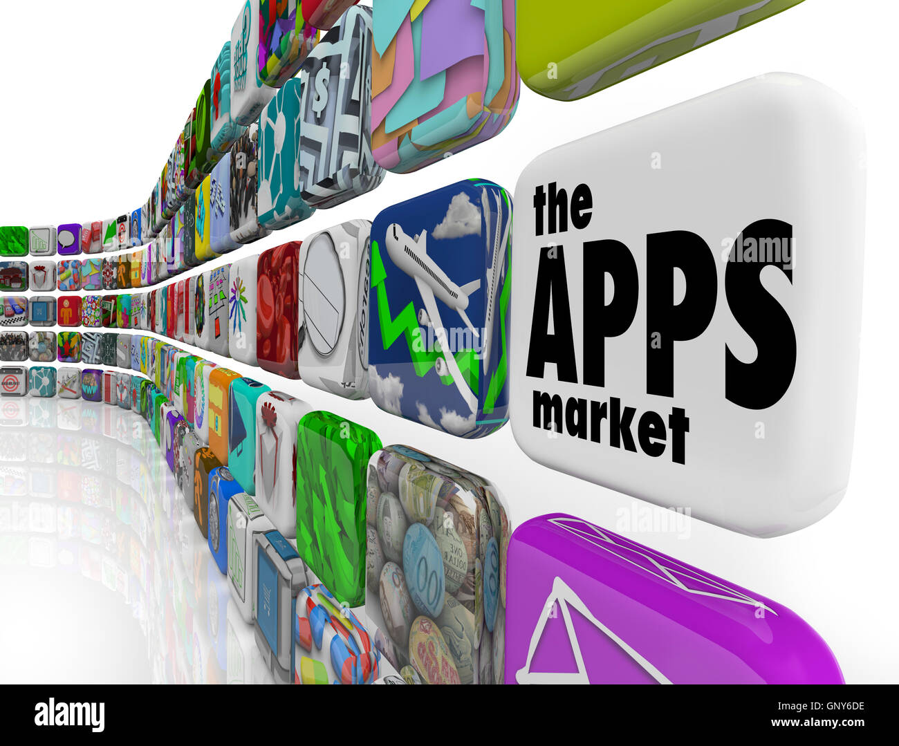 Il mercato delle applicazioni parete di applicazione app le icone del software Foto Stock