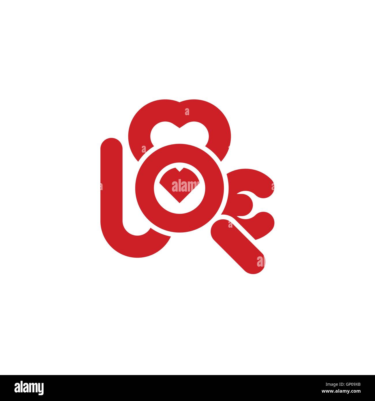 Lente di ingrandimento come lettera o della parola amore con il simbolo del cuore di ricerca di amore astratto icona illustrazione vettoriale Illustrazione Vettoriale