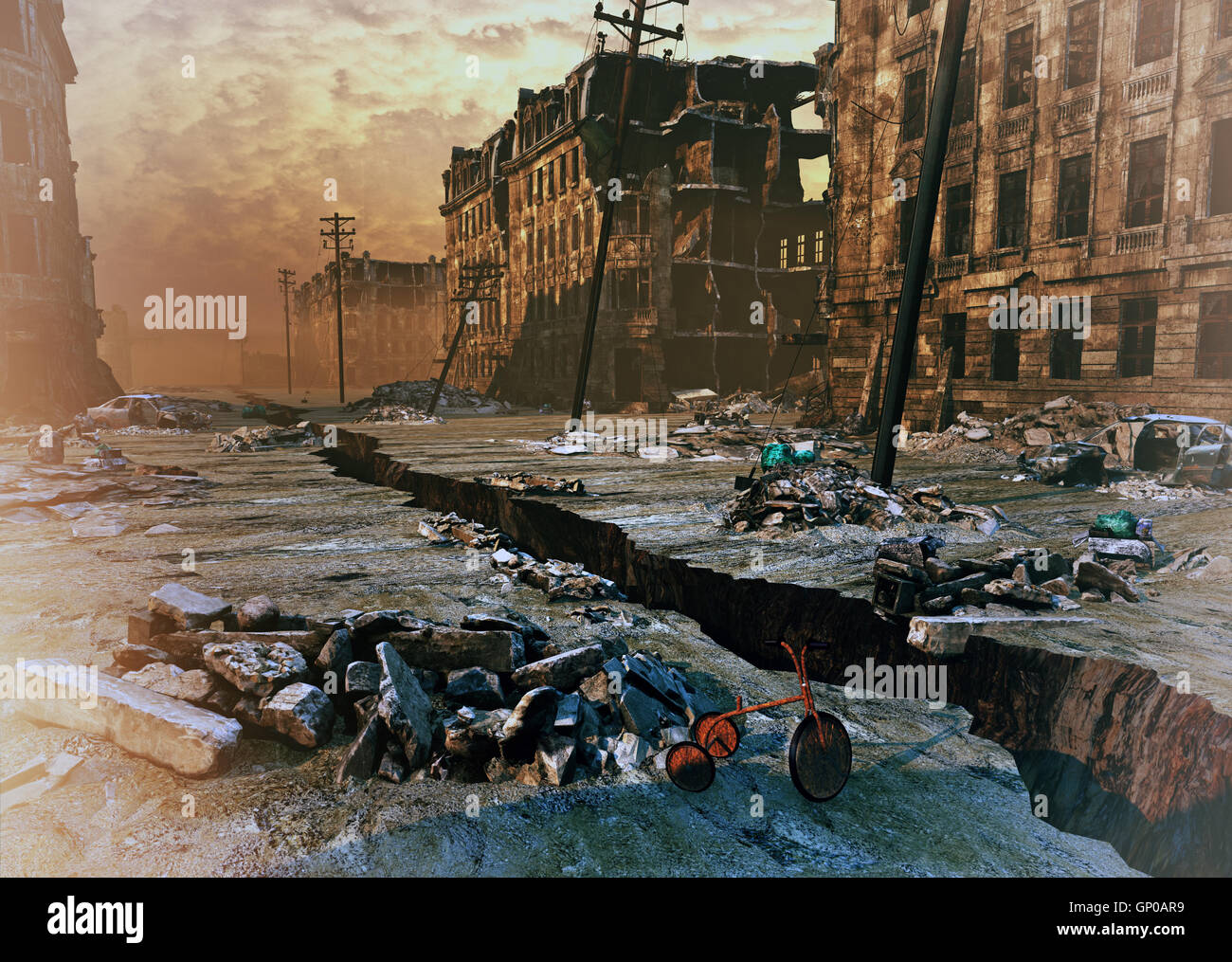 Le rovine di una città con una crepa in strada. 3d illustrazione concept Foto Stock
