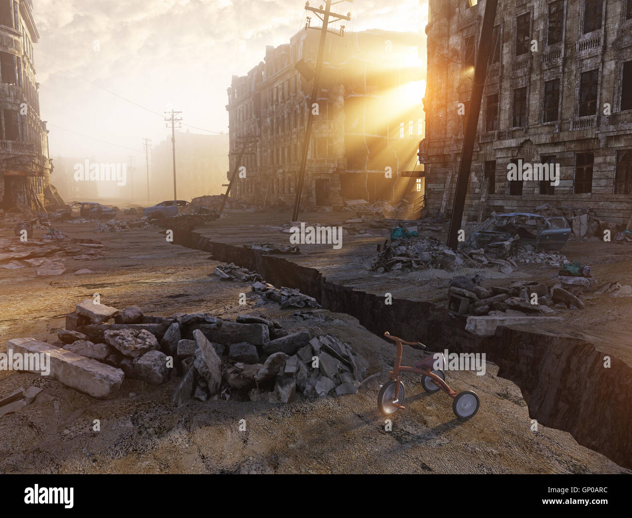 Le rovine di una città con una crepa in strada. 3d illustrazione concept Foto Stock