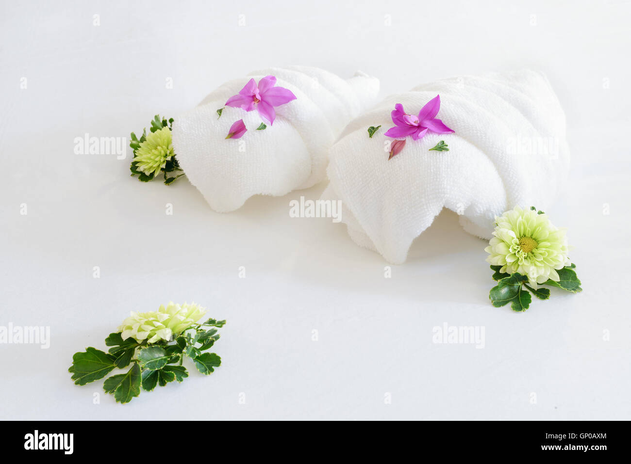 Bianco asciugamani piegati in forme animali. Foto Stock