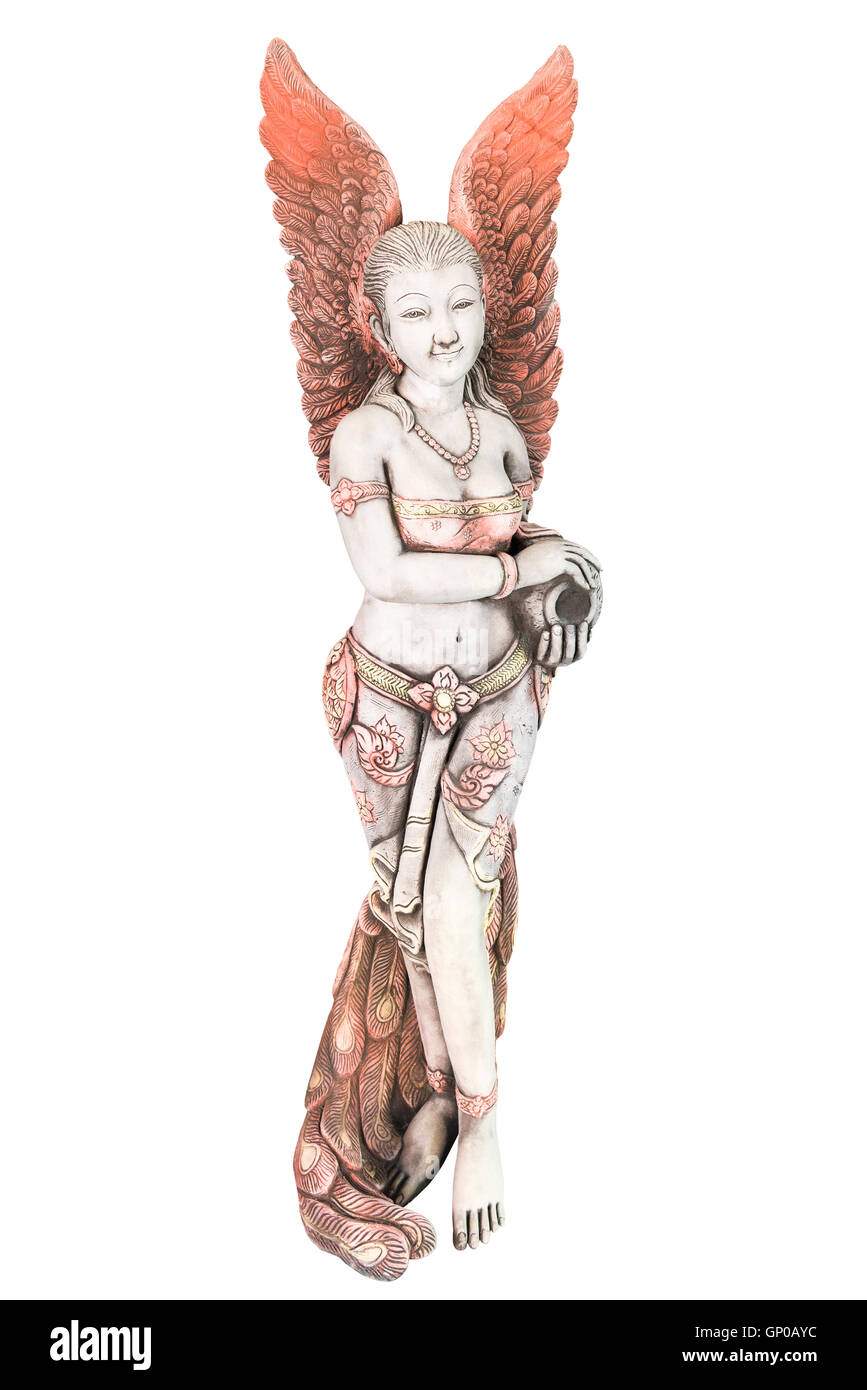 Stile Thailandese angolo, realizzato dal calco in gesso sulla parete del tempio. Isolato su bianco. Foto Stock