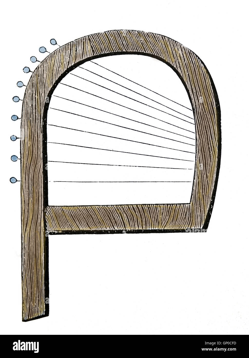 Antico Egitto. Strumento musicale. Incisione. La cetra. Colore. Foto Stock