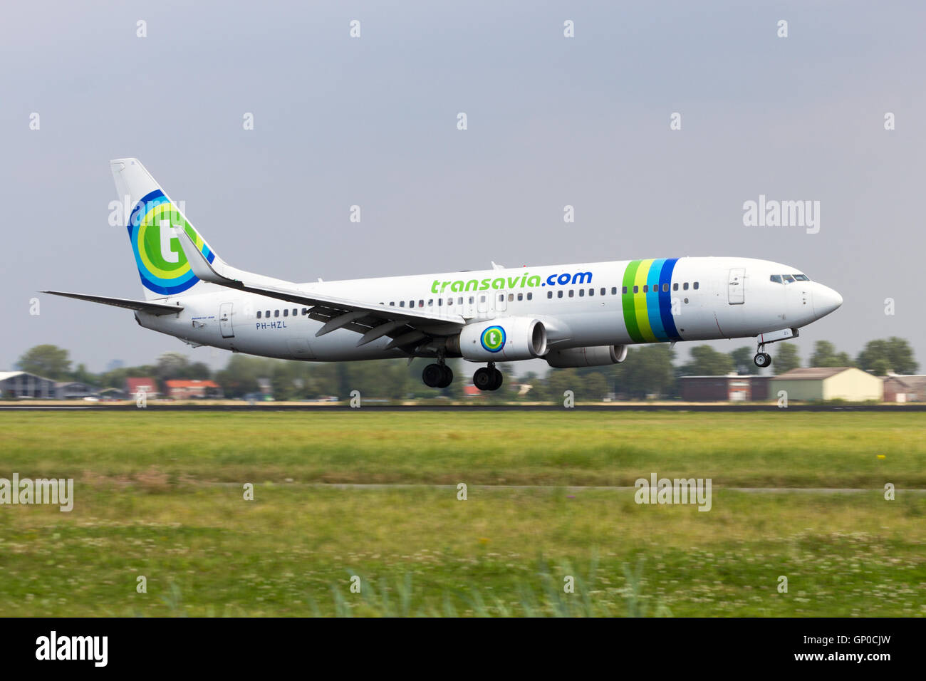 Transavia Boeing 737 l'atterraggio all'aeroporto di Schiphol. Foto Stock