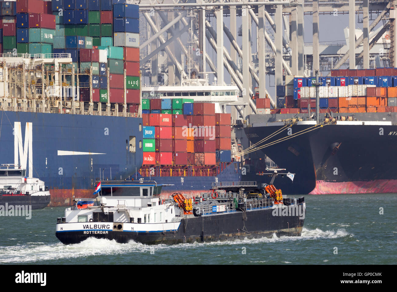 River Barge passando ocean navi container nel porto di Rotterdam. Foto Stock